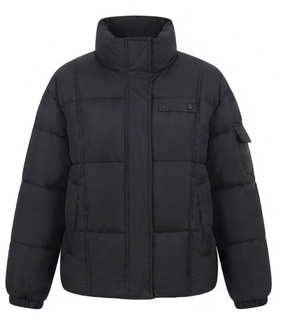 Women's nano compact boxy quilted jacket with high closing stand-up collar, concealed zipper, and functional arm pocket