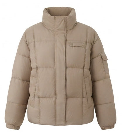Women's nano compact boxy quilted jacket with high closing stand-up collar, concealed zipper, and functional arm pocket