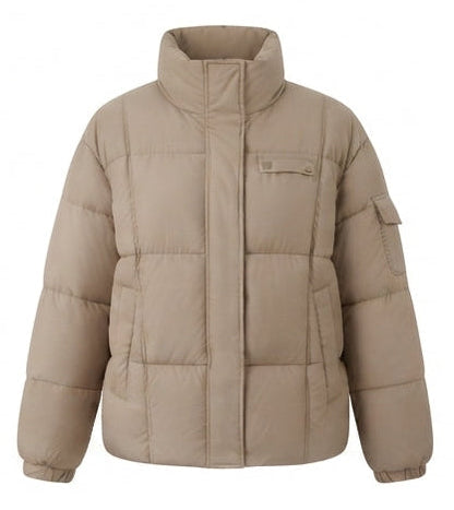 Women's nano compact boxy quilted jacket with high closing stand-up collar, concealed zipper, and functional arm pocket