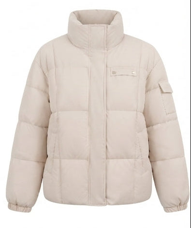 Women's nano compact boxy quilted jacket with high closing stand-up collar, concealed zipper, and functional arm pocket
