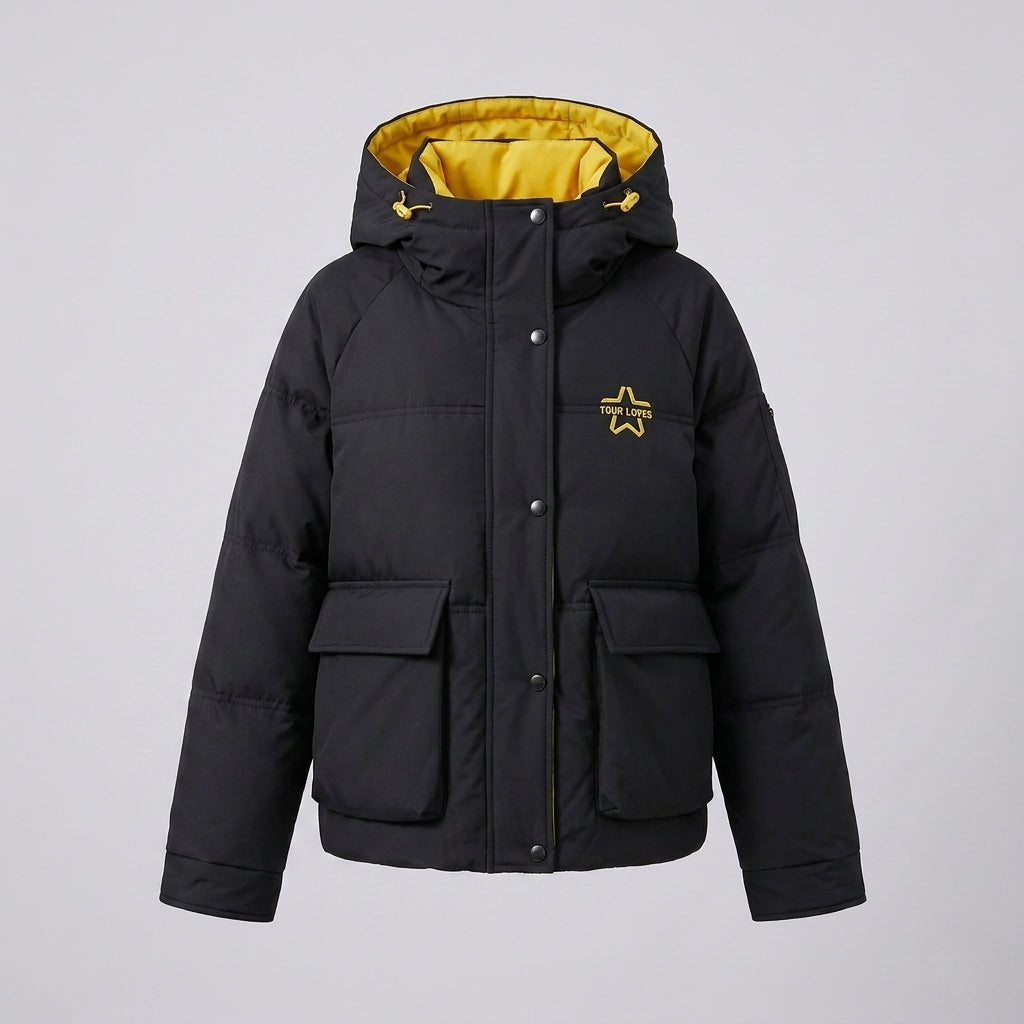 Women's nan boxy puffer jacket with concealed two-way front, contrasting inner panel and functional flap pockets