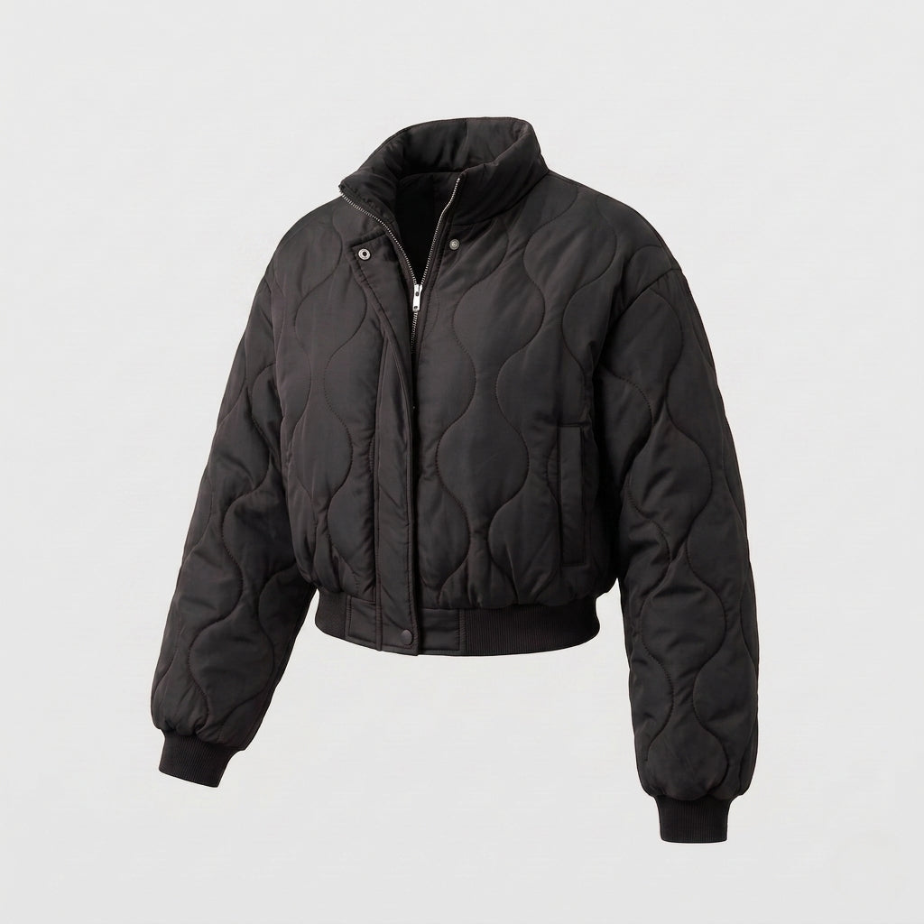 Women's nan cropped quilted bomber jacket with organic circular quilted pattern and voluminous sleeves