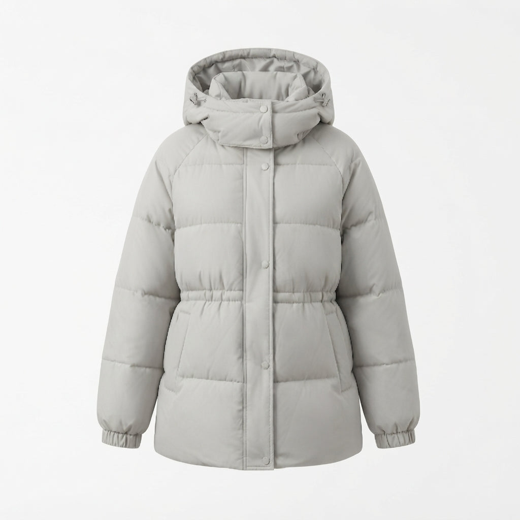 Women's nan compact outdoor puffer coat with high collar, chin protection, and elastic cuffs