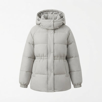 Women's nan compact outdoor puffer coat with high collar, chin protection, and elastic cuffs