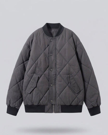Women's nan dick quilted short jacket in bomber style with diamond stitching and concealed button placket