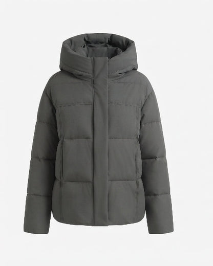 Women's cropped boxy quilted puffer with integrated hood and side zip pockets
