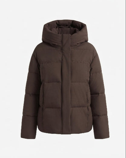 Women's cropped boxy quilted puffer with integrated hood and side zip pockets