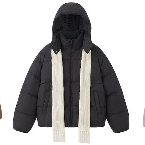 Women's compact quilted jacket with overlapping shawl collar and voluminous sleeves