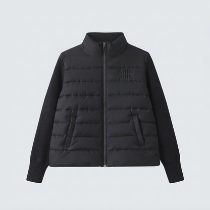 Women's short-cut hybrid quilted cardigan with quilted front, knitted sleeves and high stand-up collar
