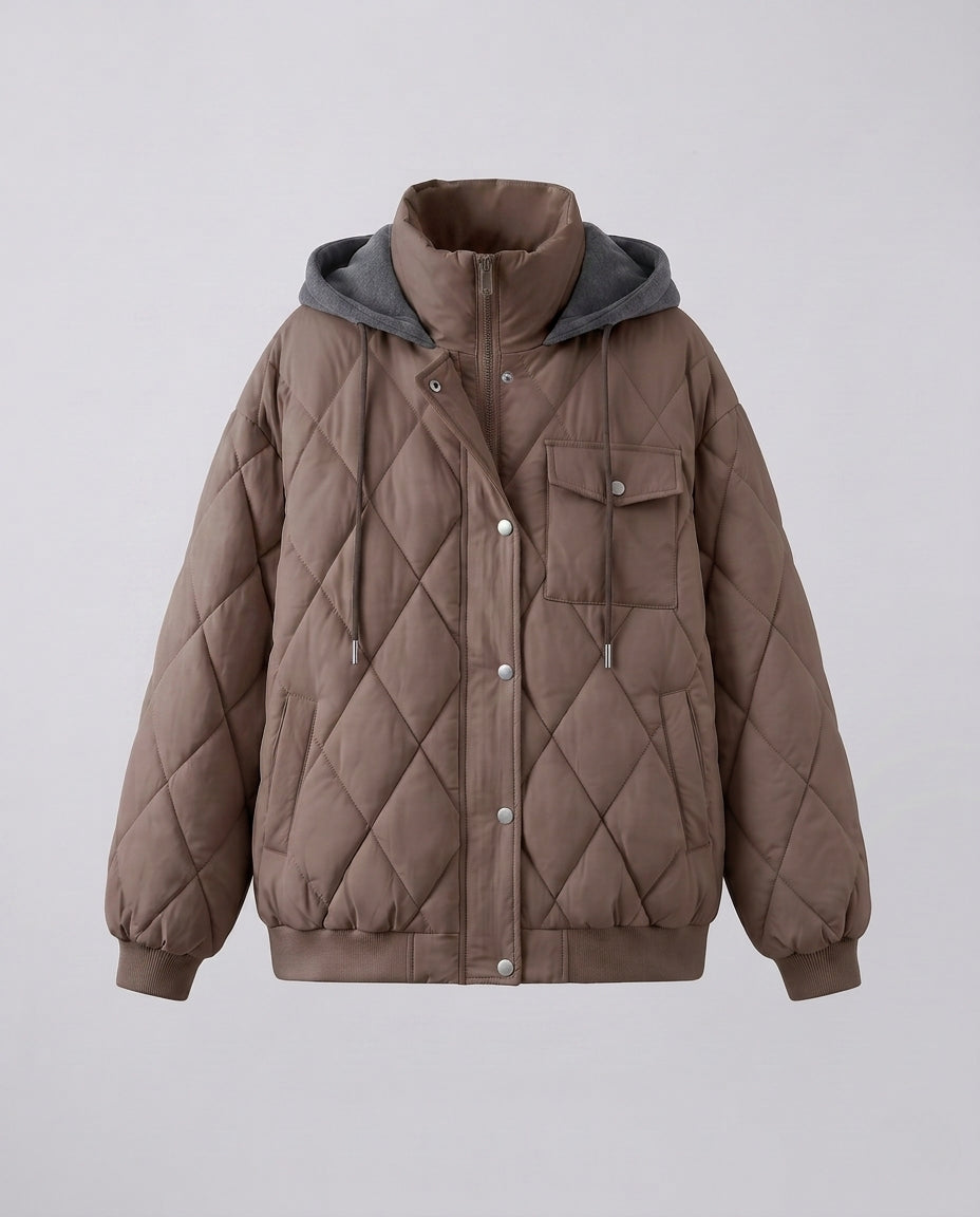 Women's oversized short jacket with diamond quilting, stand-up collar, and flap pockets