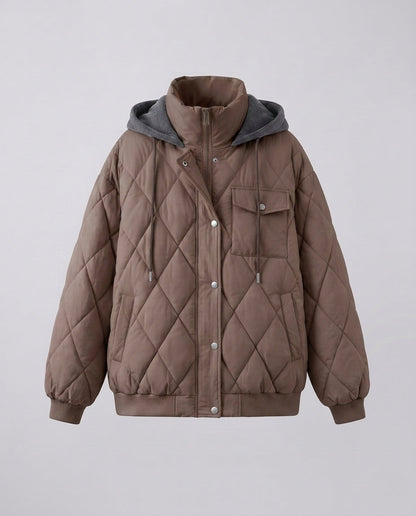 Women's oversized short jacket with diamond quilting, stand-up collar, and flap pockets