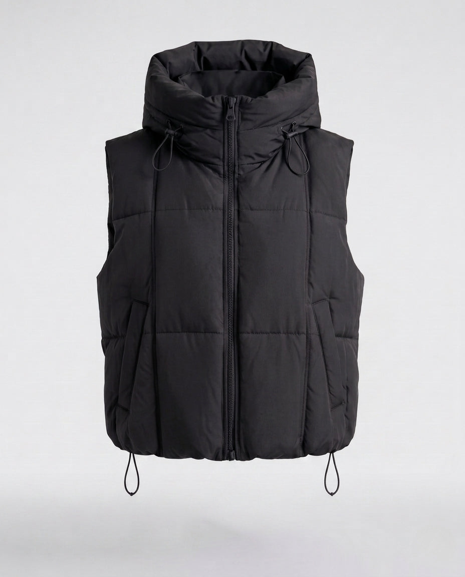 Women's quilted hooded vest with adjustable drawstring and two-way zipper
