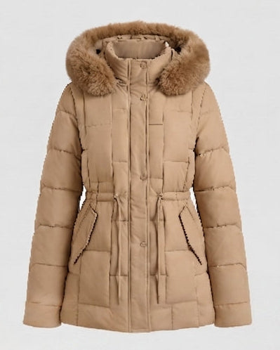 Women's nano padded parka with removable faux fur trim, adjustable drawstring at the waist and thermal insulation padding