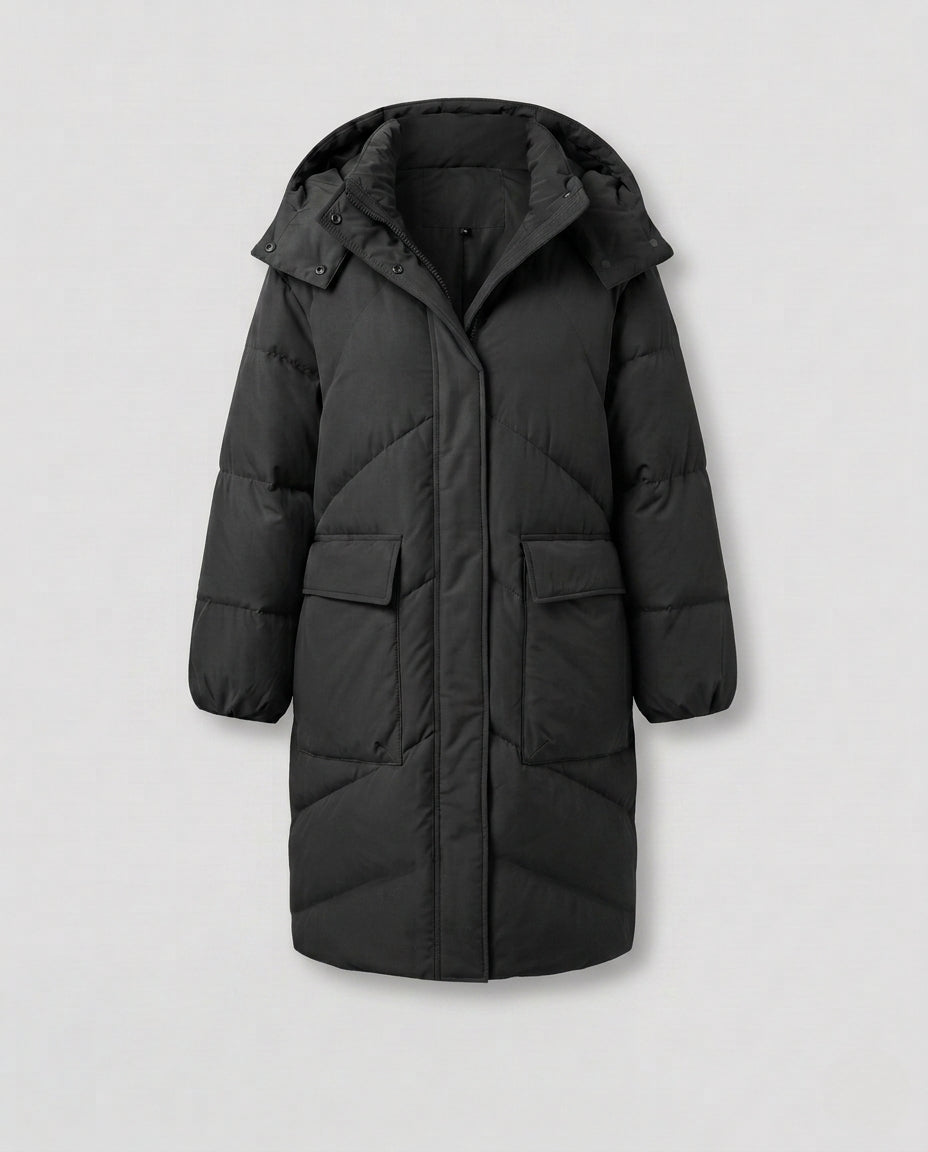 Women's nan extralong thermal quilted coat with noise-reducing outer material and concealed two-way zipper
