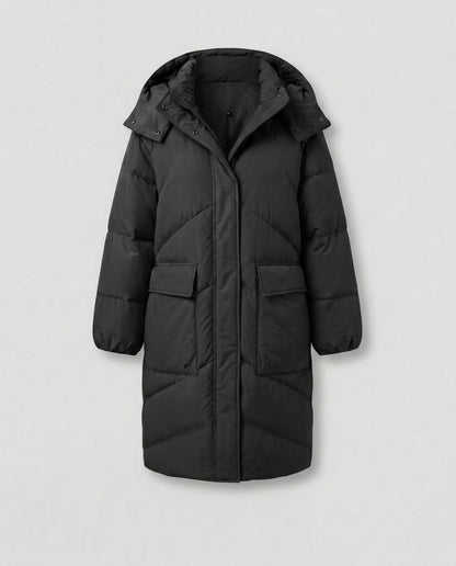 Women's nan extralong thermal quilted coat with noise-reducing outer material and concealed two-way zipper