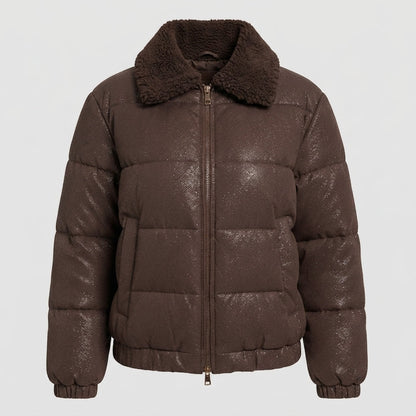 Women’s non-padded puffer jacket with glitter effect and cozy faux fur collar