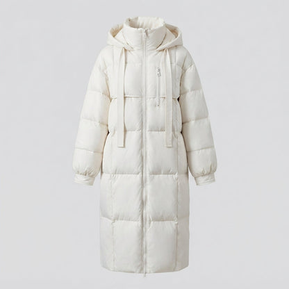 Women's extra-long quilted hooded coat with padded thermal filling, two-way zipper and oversized silhouette