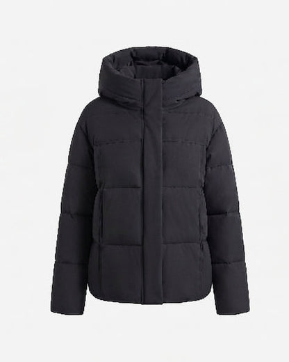 Women's cropped boxy quilted puffer with integrated hood and side zip pockets