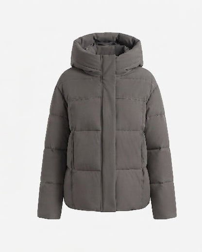 Women's cropped boxy quilted puffer with integrated hood and side zip pockets