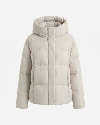 Women's cropped boxy quilted puffer with integrated hood and side zip pockets