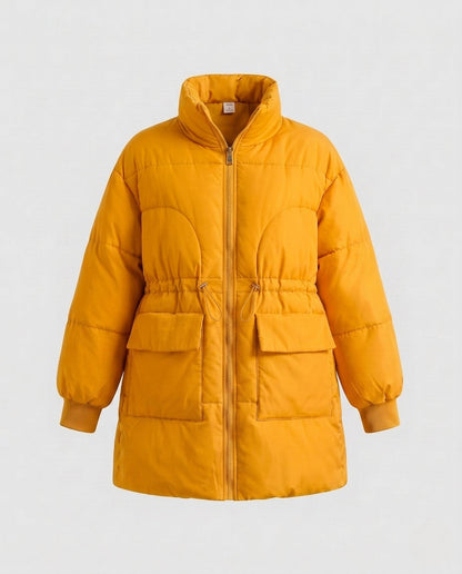 Women's feminine A-line quilted parka with adjustable drawstring, high stand-up collar, and large flap pockets