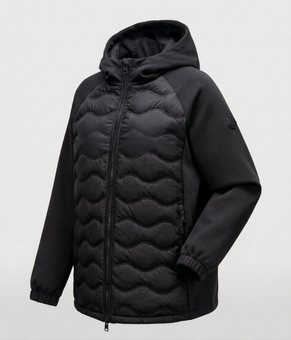 Women's non-quilted hybrid hoodie jacket with padded front and loose sweatshirt sleeves