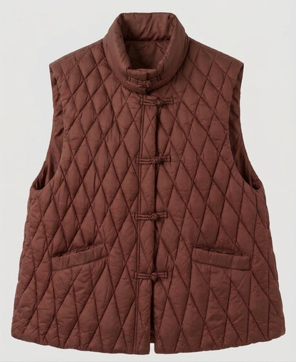Women's quilted sleeveless jacket with mandarin collar and decorative knot closures