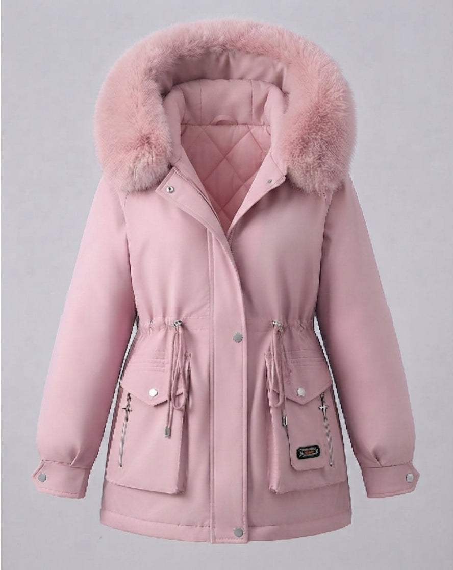 Women's short insulated utility parka with modular cargo pockets and voluminous fur collar