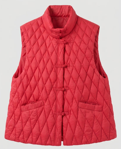 Women's quilted sleeveless jacket with mandarin collar and decorative knot closures