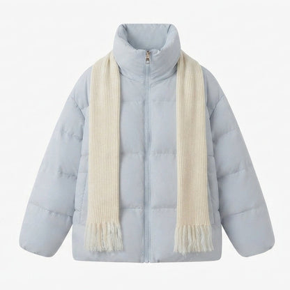 Women's compact quilted jacket with overlapping shawl collar and voluminous sleeves