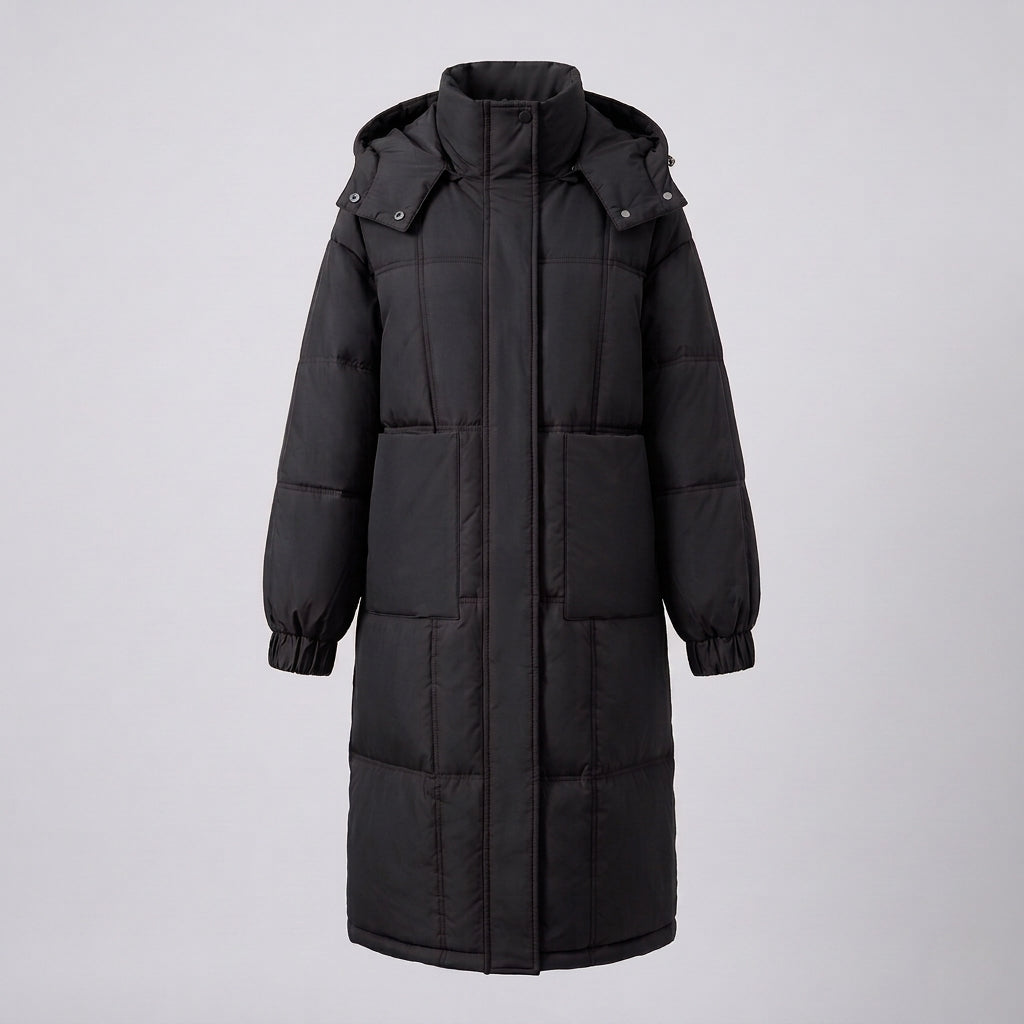Women's nan extra long straight quilted coat with noise-reducing outer shell, elastic cuffs, and deep sideseam pockets