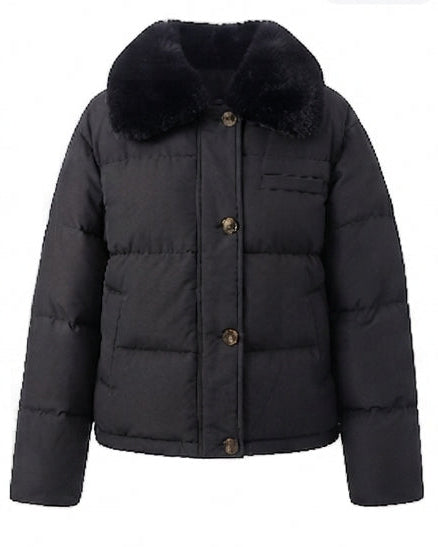 Women’s short boxy quilted jacket with detachable faux fur trim, high collar, and concealed snap button and zipper