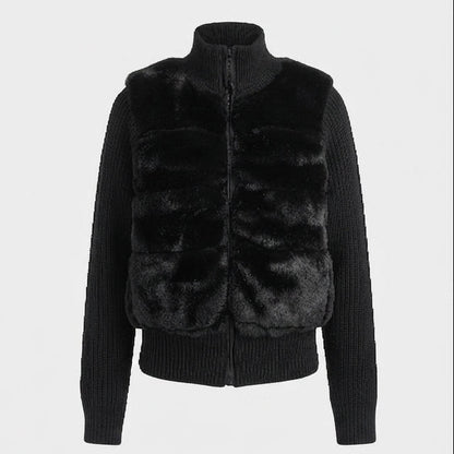 Women's short cardigan with contrasting faux fur front, zipper and high stand-up collar