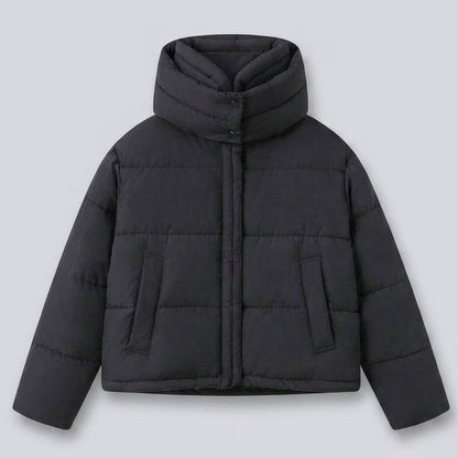 Women's nan boxy short quilted jacket with extra high hood trim and soft cuffs