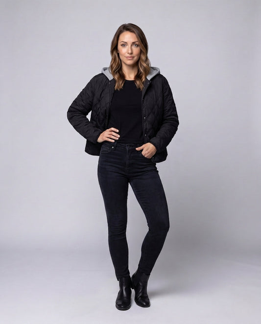 Women's short quilted blouson with fine diamond quilting, hood lining, and warming thermal padding.