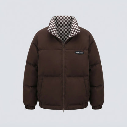 Women's short thermal puffer jacket with checked reversible lining and high stand-up collar