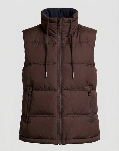 Women's quilted sleeveless thermal vest with high stand-up collar and adjustable hem