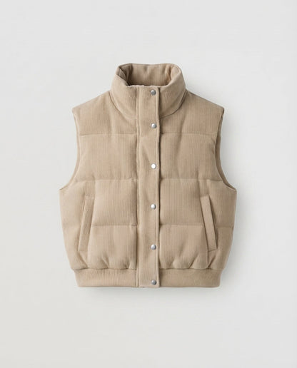 Women's short corduroy quilted vest with high shawl collar and press stud placket