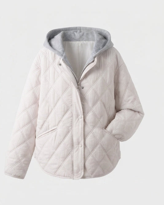 Women's short quilted blouson with fine diamond quilting, hood lining, and warming thermal padding.