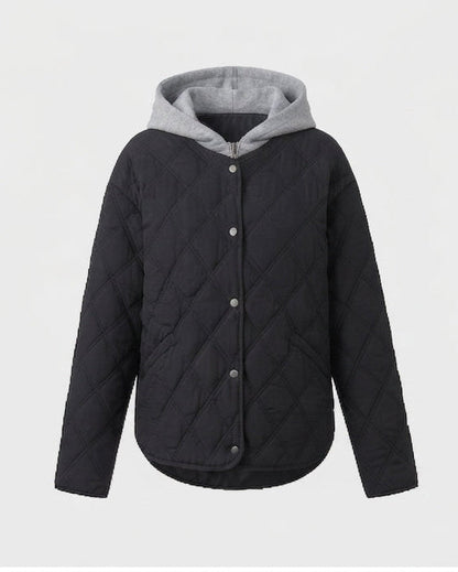 Women's short quilted blouson with fine diamond quilting, hood lining, and warming thermal padding.