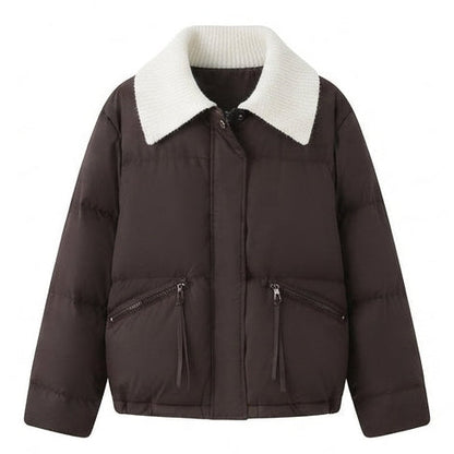 Women's short cut thermo bomber jacket with wide cord collar and contrasting cuffs