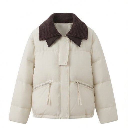 Women's short cut thermo bomber jacket with wide cord collar and contrasting cuffs