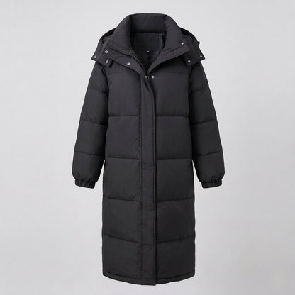 Women's extra long quilted thermal coat with hood, two-way zipper and noise-reducing outer material