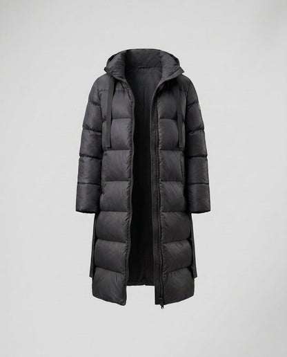 Women’s extra long quilted thermal coat with concealed two-way zipper, ergonomic hood, and side movement zippers