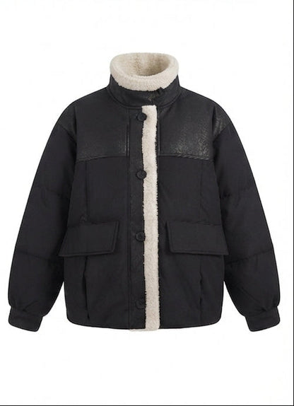 Women's short quilted bomber jacket with teddy lining, faux leather front panels, and patch pockets