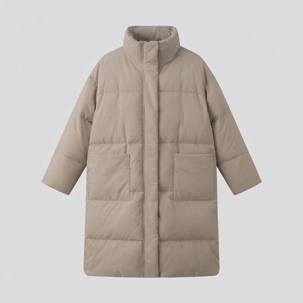 Women's nano extralong padded comfort puffer with noise-reducing surface, high stand collar, and generous oversized silhouette