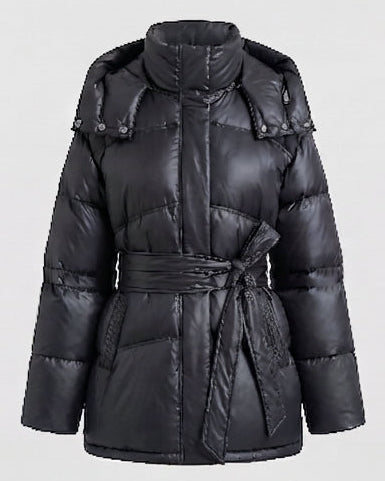 Women's padded oversized parka with tie belt and high collar