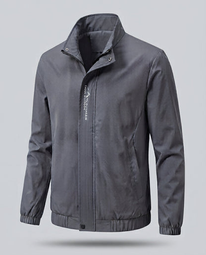 Men's lightweight microfiber windbreaker with stand-up collar, water-repellent surface, and concealed pockets