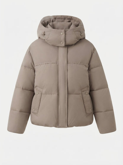 Women's short padded hooded jacket with removable hood trim, high stand-up collar and fitted cut