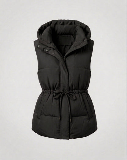 Women's quilted hooded vest with waist drawstring, padded thermal filling, and generous side pockets